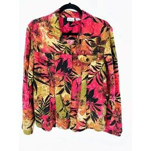 Women's Vintage Chico's Linen Floral Long Sleeve Button Front Shirt Size 2 L
